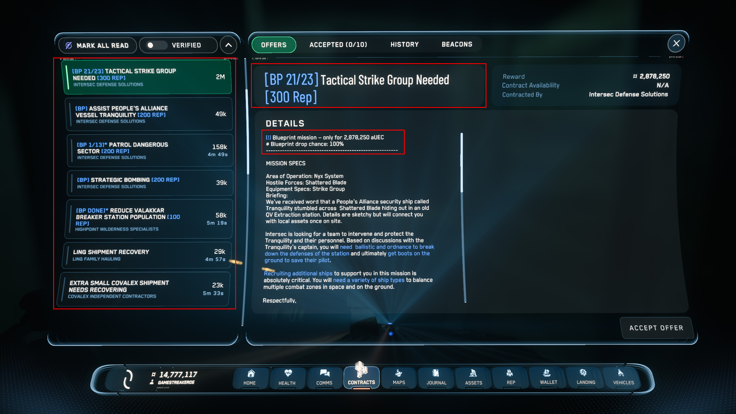 Mission detail with blueprint info